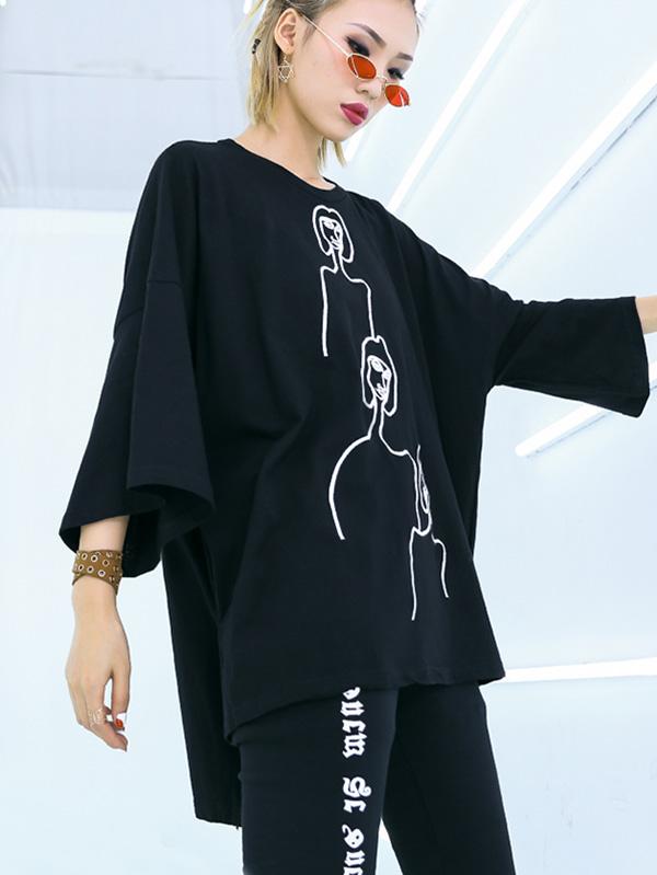 Meselling99 Embroidered Black&White Loose Round-Neck T-Shirt-T-shirts-BLACK-FREE SIZE-Free Shipping at meselling99