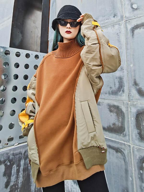 Loose Contrast Color Split-Joint Thicken High-Neck Sweatshirt-Sweatshirts-KHAKI-FREE SIZE-Free Shipping at meselling99