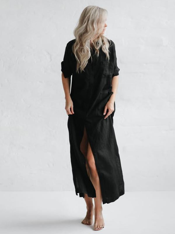 Meselling99 Simple Solid Split-Side Lapel Long Shirt Dress-Maxi Dress-BLACK-S-Free Shipping at meselling99