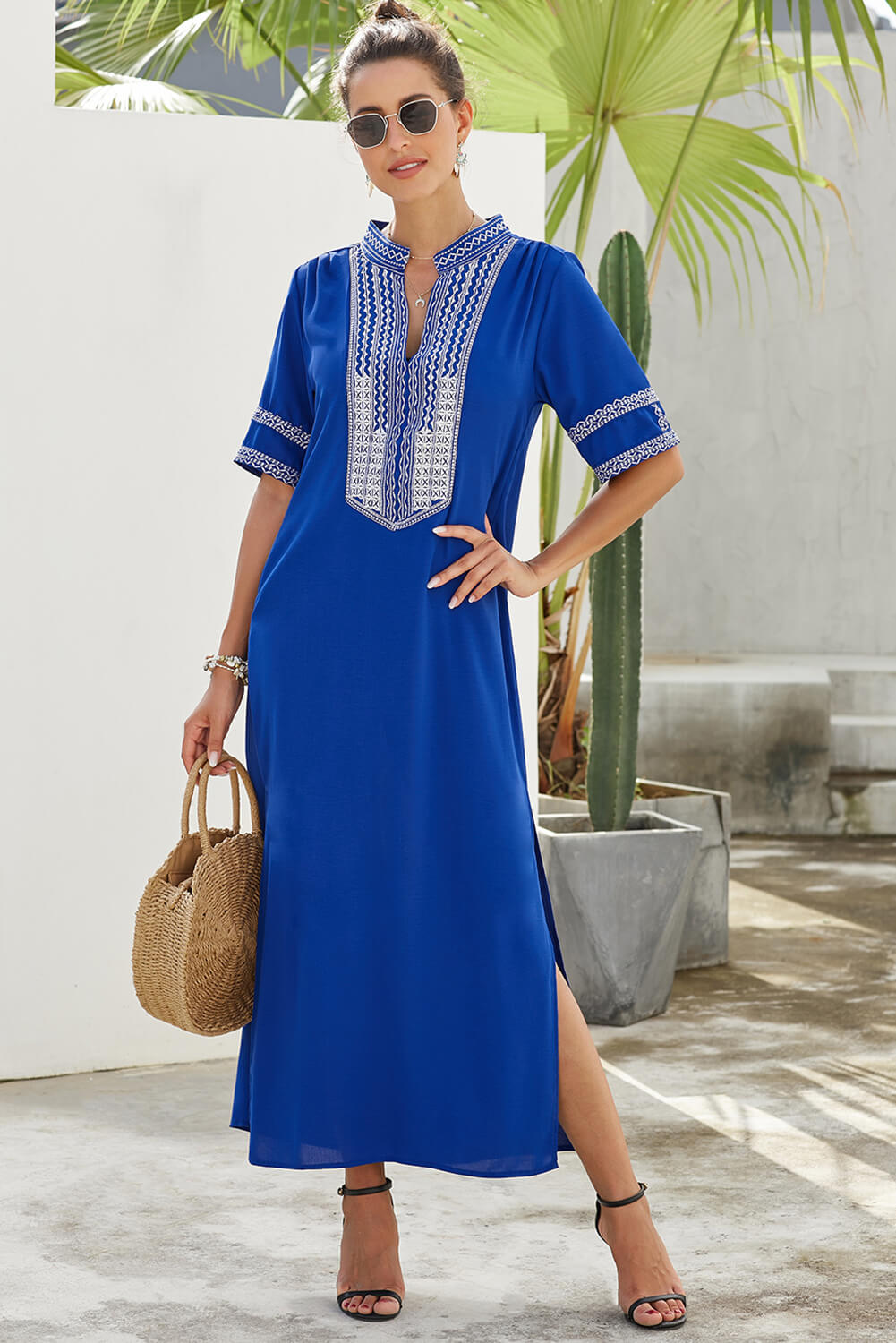 Blue Bohemian Floral Print Split Maxi Dress-Maxi Dresses-Free Shipping at meselling99