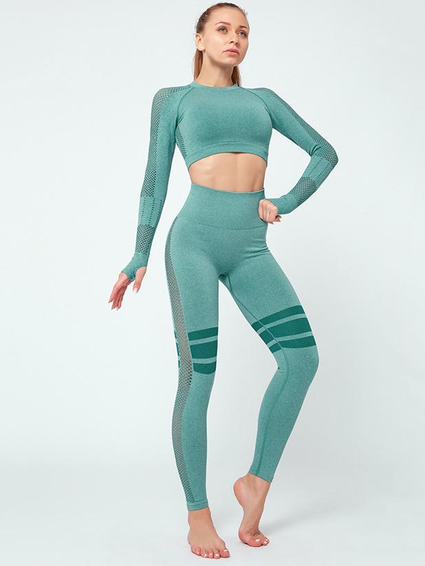 Meselling99 Mesh Hollow Striped Bare Midriff Yoga Suits-Yoga&Gym Suits-LIGHT GREEN-S-Free Shipping at meselling99
