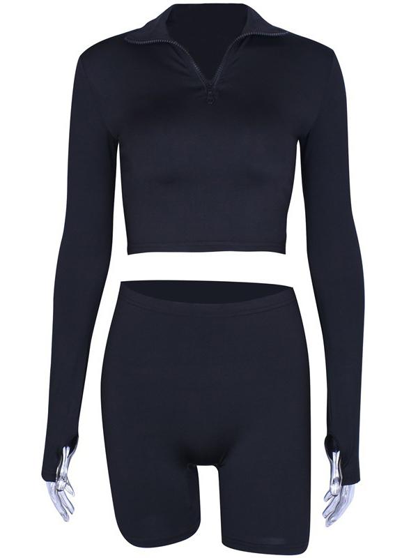 Solid Zipper Long Sleeves Tops And Shorts Suits-Yoga&Gym Suits-Free Shipping at meselling99