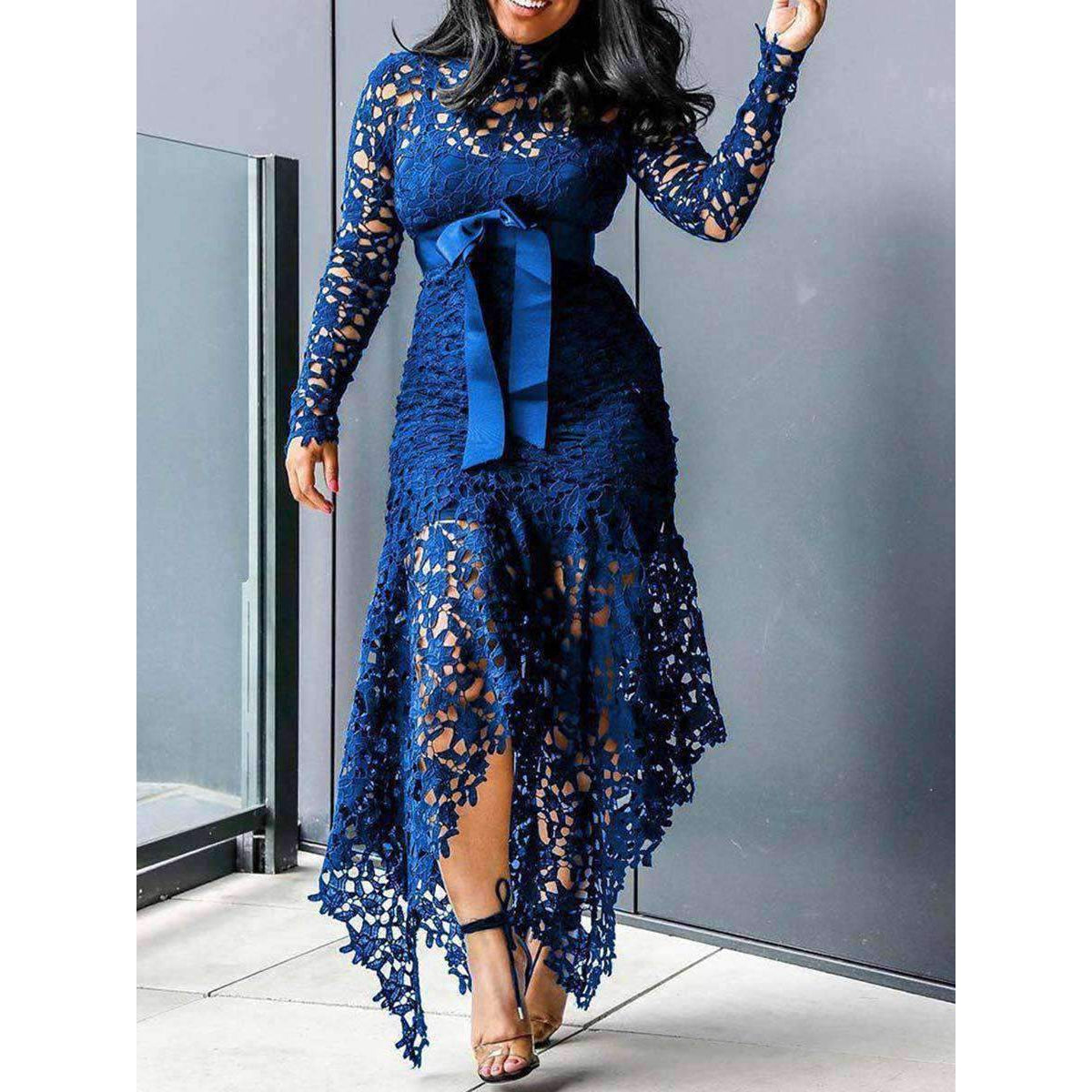 Sexy Hollow Lace Lace-Up Bowknot Asymmetric Long Sleeve Stand Collar Maxi Dresses-Maxi Dresses-Blue-M-Free Shipping at meselling99