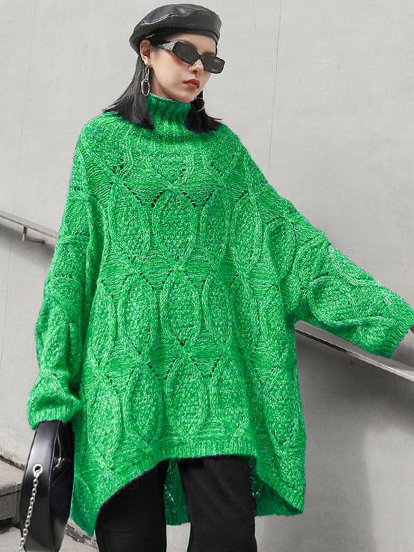 Vintage Hollow Loose High-Low Turtleneck Sweater-Sweaters-GREEN-FREE SIZE-Free Shipping at meselling99