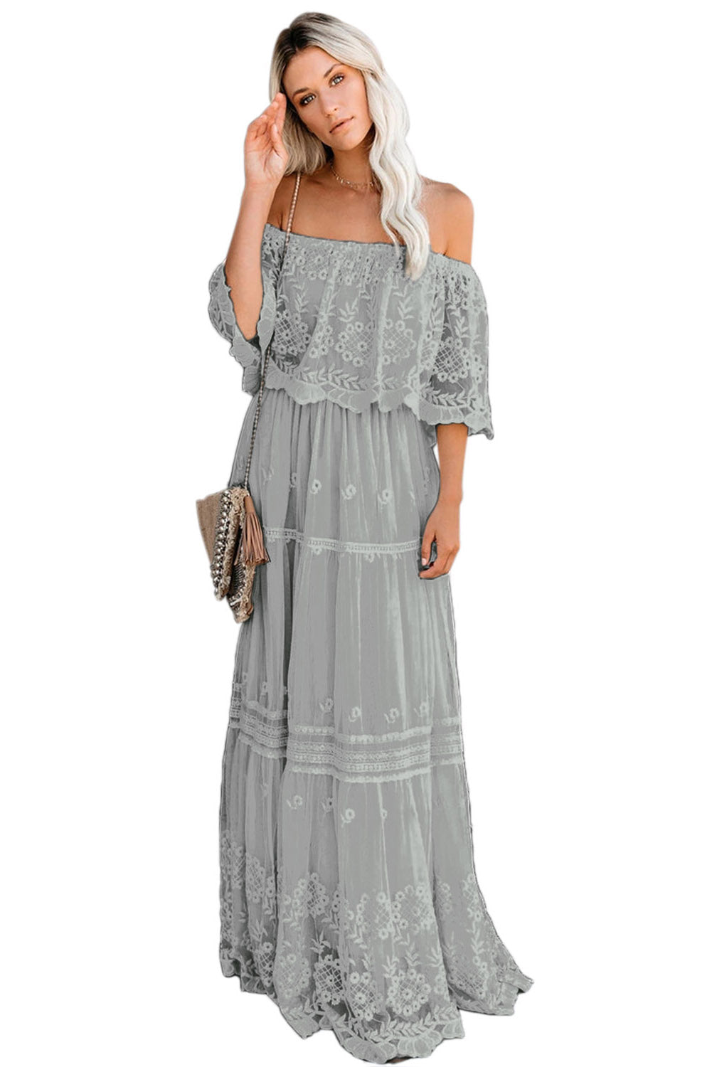 Gray Flower Child Off The Shoulder Lace Maxi Dress-Maxi Dresses-Free Shipping at meselling99
