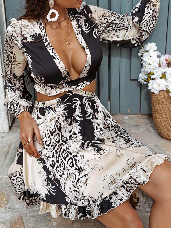Black/White Floral-Print Sexy Backless Long Sleeve Mini Dress-Sexy Dresses-Free Shipping at meselling99