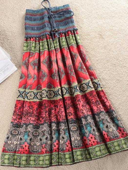 Fashion Elastic Waist Bohemian Style Floral Women Skirt-Maxi Dresses-Red-Free Shipping at meselling99