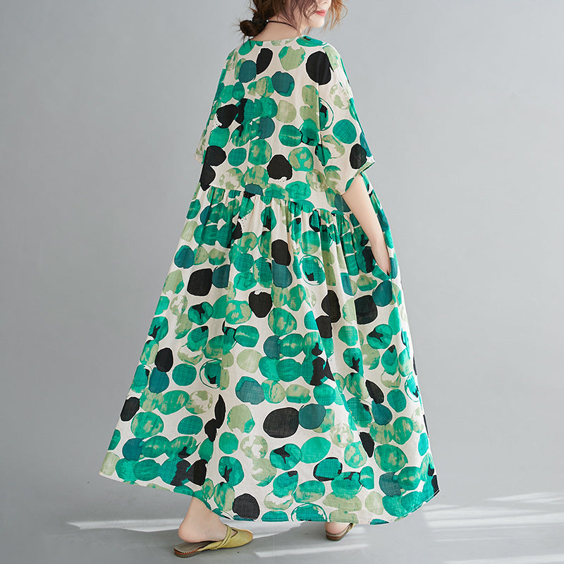 Women Cotton Round-Neck Half Sleeves Polka-Dot Maxi Dress-Maxi Dresses-GREEN-FREE SIZE-Free Shipping at meselling99