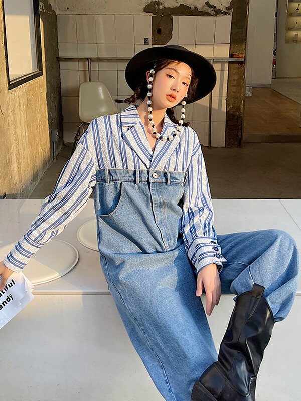 Creative Women Stitching Loose Striped Denim Jumpsuit-The same as Picture-S-Free Shipping at meselling99