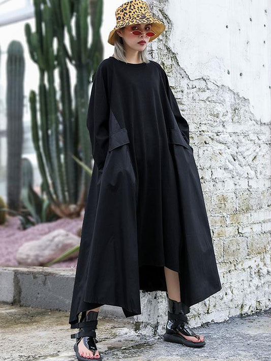 Black Loose A-line Cropped Long Sleeves Long Dress-Maxi Dresses-FREE SIZE-BLACK-Free Shipping at meselling99