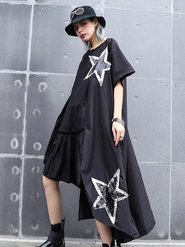 Black Oversize Asymmetric Stars Dress-Maxi Dreses-Free Size-Black-Free Shipping at meselling99