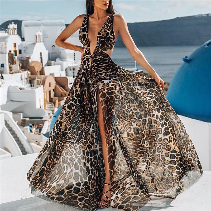 Split-Side Leopard Sleeveless Maxi Dresses-Maxi Dresses-Free Shipping at meselling99