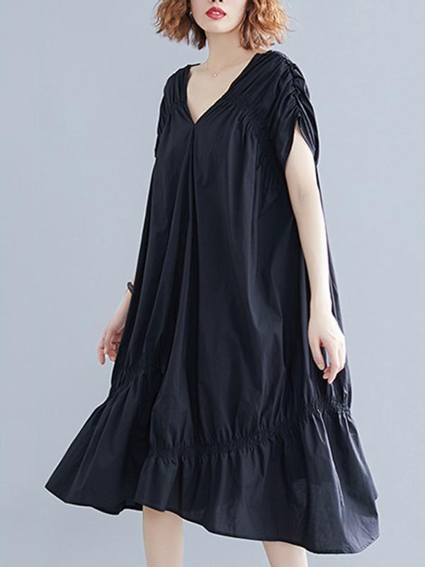 Black Loose Drawstring Ruffled Cropped Midi Dress-Cozy Dresses-Free Size-Black-Free Shipping at meselling99