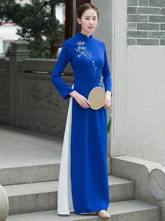 2021 New Style Traditional Blue Long Cheongsam Dresses-Maxi Dresses-Free Shipping at meselling99