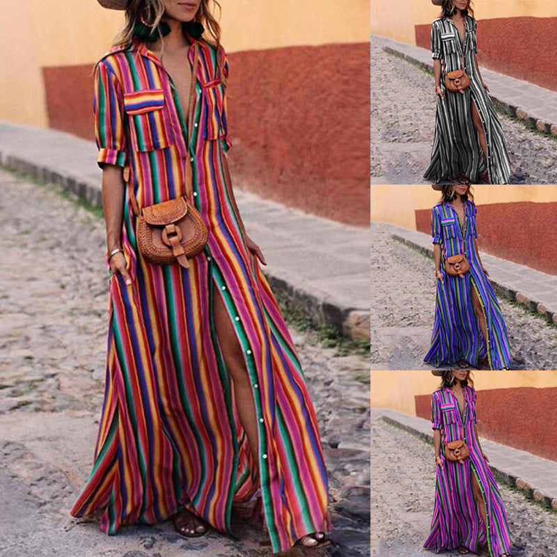 Hot Selling Bohemia Striped Shirt Long Sleeves Maxi Dress-Maxi Dresses-Free Shipping at meselling99