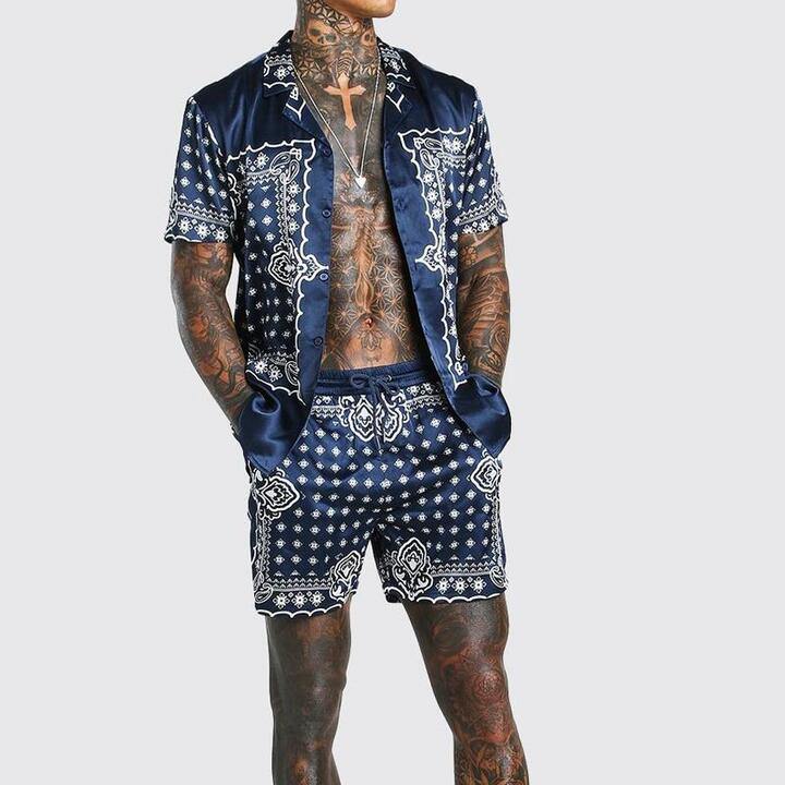 Men Striped Printed Top&Shorts Suits-Men Suits-Free Shipping at meselling99