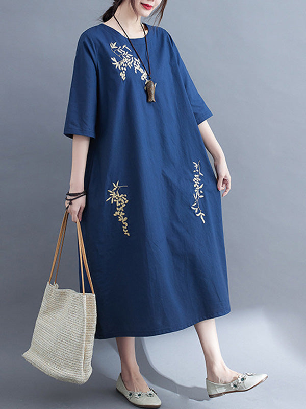 Embroidery Vintae Color Half-Sleeve Long Dress-Maxi Dresses-Free Shipping at meselling99