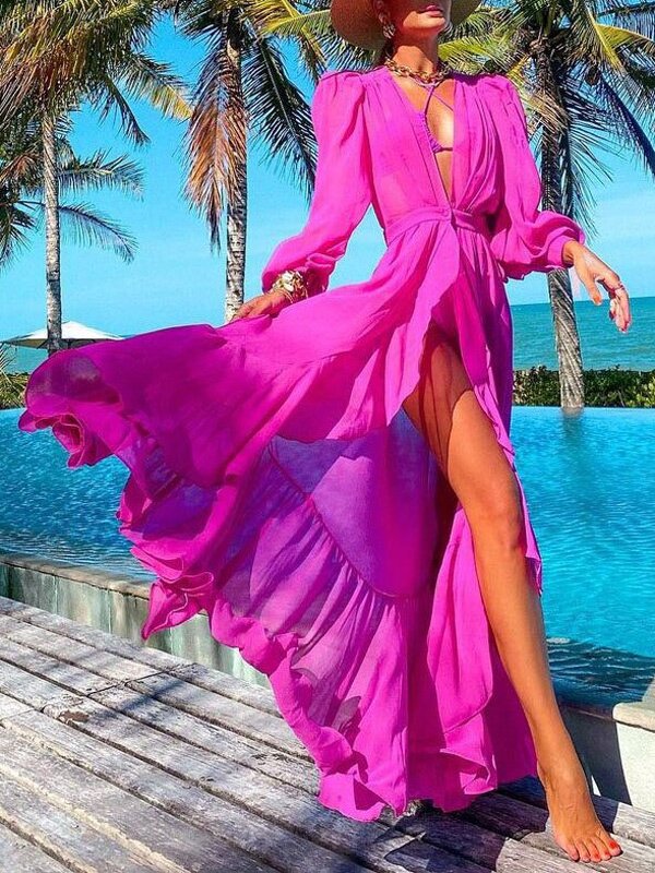Simple Plunging Split-Front Long Sleeves Maxi Dress-Maxi Dresses-Free Shipping at meselling99