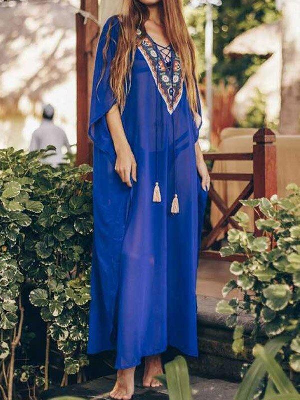 Blue Boho Half Sleeve Kaftans Long/Maxi Chiffon Dresses-Maxi Dresses-Free Shipping at meselling99