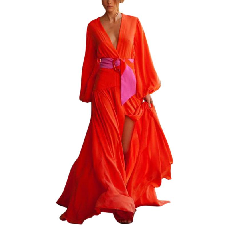 Red Color Split-Front Long Sleeves Maxi Dresses-Maxi Dresses-Free Shipping at meselling99