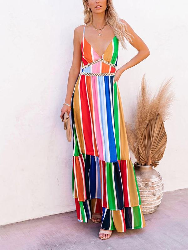 Empire Contrast Color Condole Belt Maxi Dress-Maxi Dresses-Free Shipping at meselling99