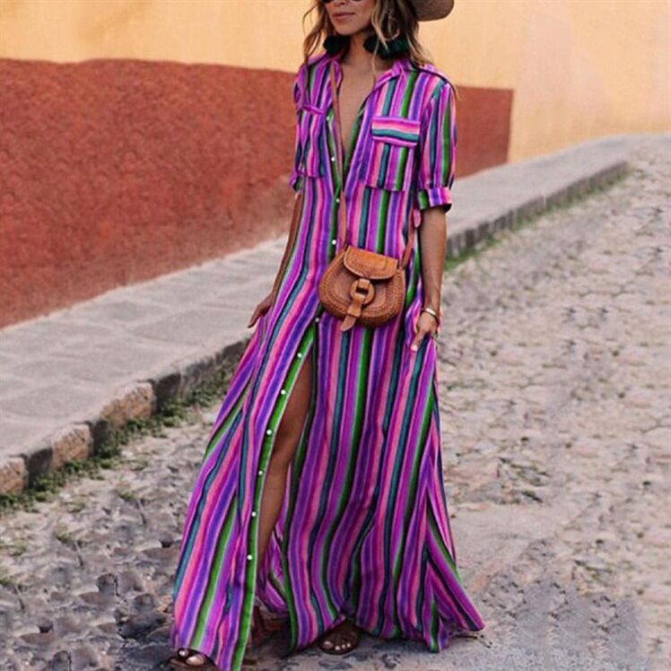 Hot Selling Bohemia Striped Shirt Long Sleeves Maxi Dress-Maxi Dresses-Purple-S-Free Shipping at meselling99