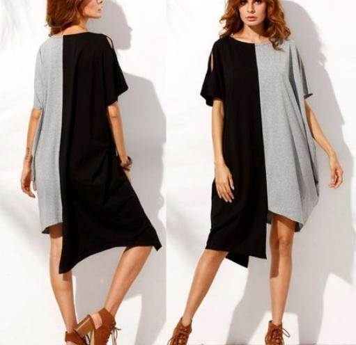 Asymmetric Split-Joint Contrast Plus Sizes Loose Batwing Sleeve Dress-Mini Dresses-Free Shipping at meselling99