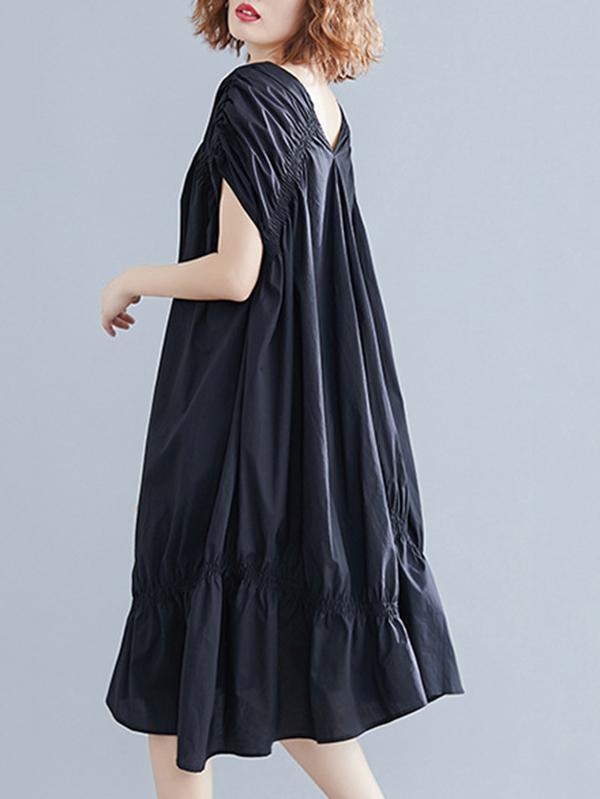 Black Loose Drawstring Ruffled Cropped Midi Dress-Cozy Dresses-Free Size-Black-Free Shipping at meselling99