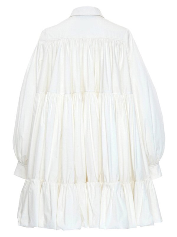 Stylish Black&White Puff Sleeve Lapel Pleated Shirt Bubble Dress-Mini Dresses-WHITE-FREE SIZE-Free Shipping at meselling99