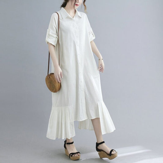 Lapel Solid Color Cotton And Linen Long Maxi Dress-Maxi Dresses-WHITE-FREE SIZE-Free Shipping at meselling99