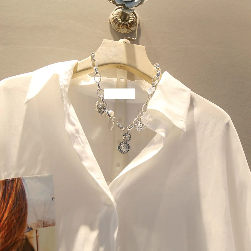 Irregular Pleated Black White Print Button Women Blous/Top/Shirt--Free Shipping at meselling99