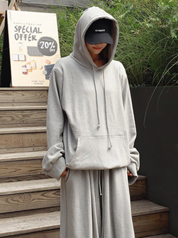 Gray/Black Simple Loose Solid Hoodies Tops--Free Shipping at meselling99