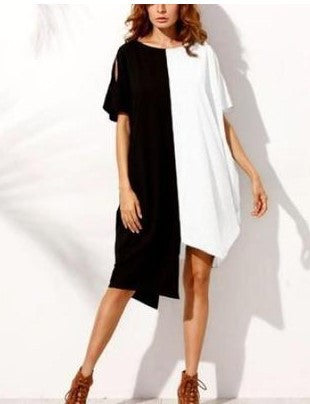 Asymmetric Split-Joint Contrast Plus Sizes Loose Batwing Sleeve Dress-Mini Dresses-White-S-Free Shipping at meselling99