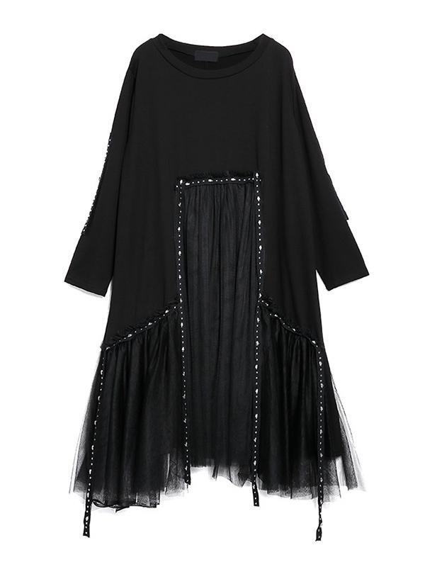 Black Loose Rivet Gauze Splicing Dress-Maxi Dresses-Free Size-Black-Free Shipping at meselling99