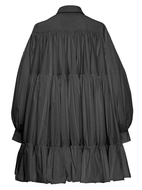 Stylish Black&White Puff Sleeve Lapel Pleated Shirt Bubble Dress-Mini Dresses-Free Shipping at meselling99