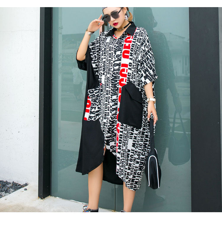 Plus Size Irregular Fashion Women Pocket Elegant Casual Letter Print Dress-Maxi Dresses-The same as picture-Free Size-Free Shipping at meselling99