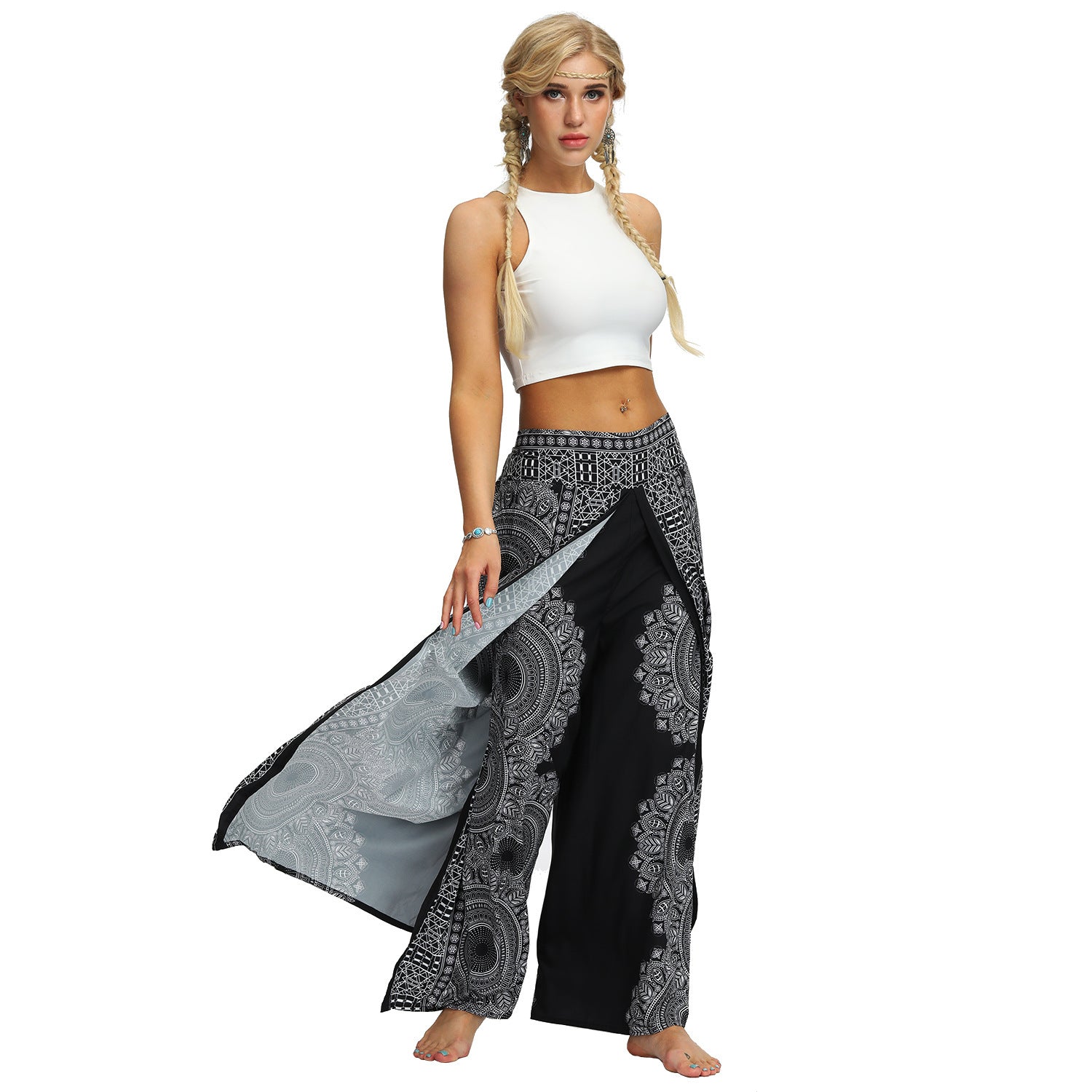 Cozy Printed Split-Joint Loose Casual Wide-Leg Yoga Pants-BLACK-S/M-Free Shipping at meselling99