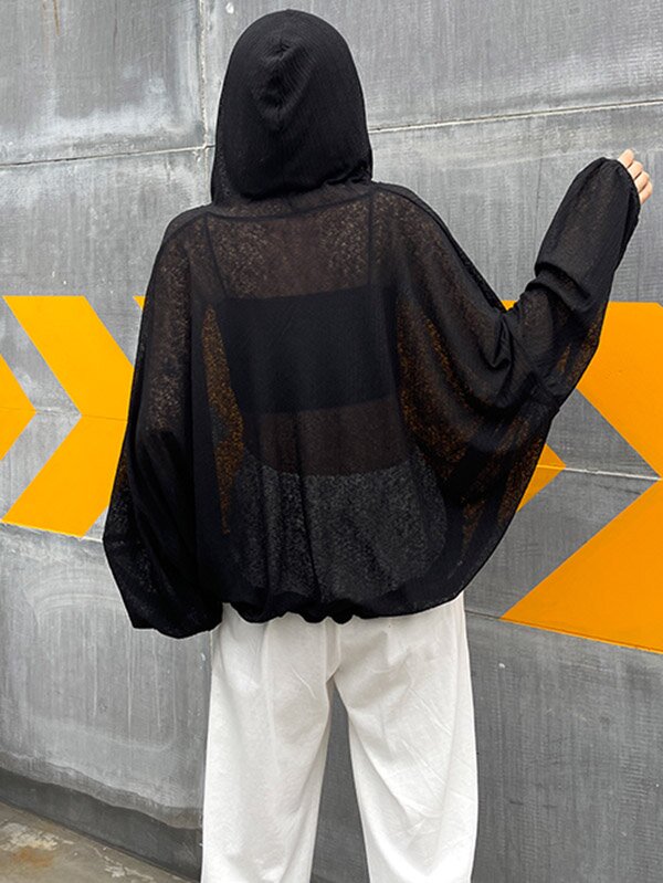 Black Chiffon Long Sleeve Loose Drawstring Hooded Cover-Ups Tops-Black-FREE SIZE-Free Shipping at meselling99