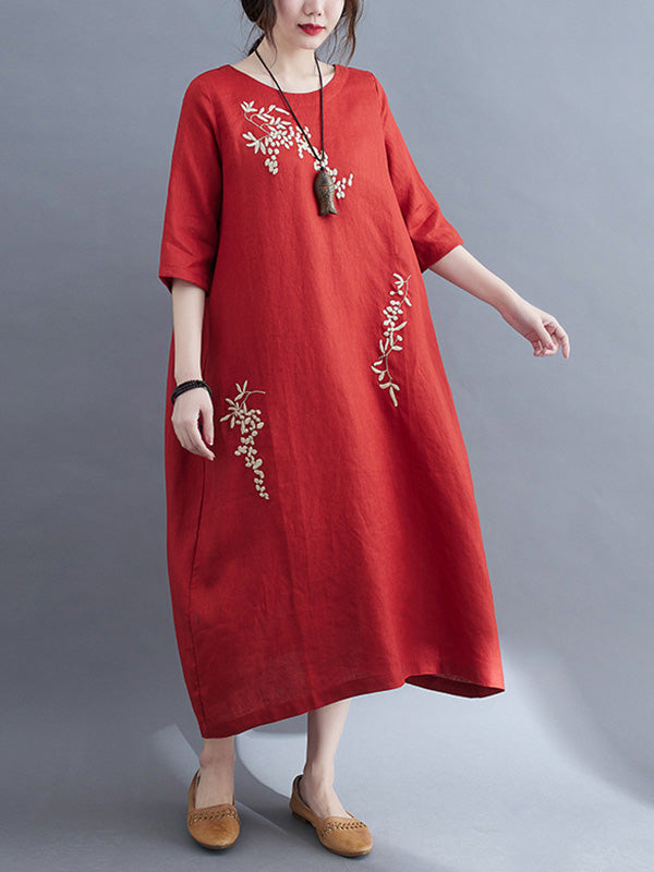 Embroidery Vintae Color Half-Sleeve Long Dress-Maxi Dresses-Free Shipping at meselling99