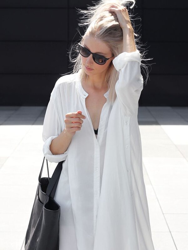 White/White Solid Lapel Long Sleeves Long Shirt Dress-Maxi Dresses-Free Shipping at meselling99