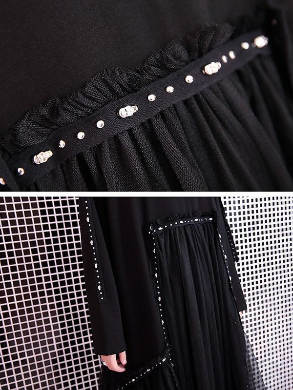 Black Loose Rivet Gauze Splicing Dress-Maxi Dresses-Free Size-Black-Free Shipping at meselling99