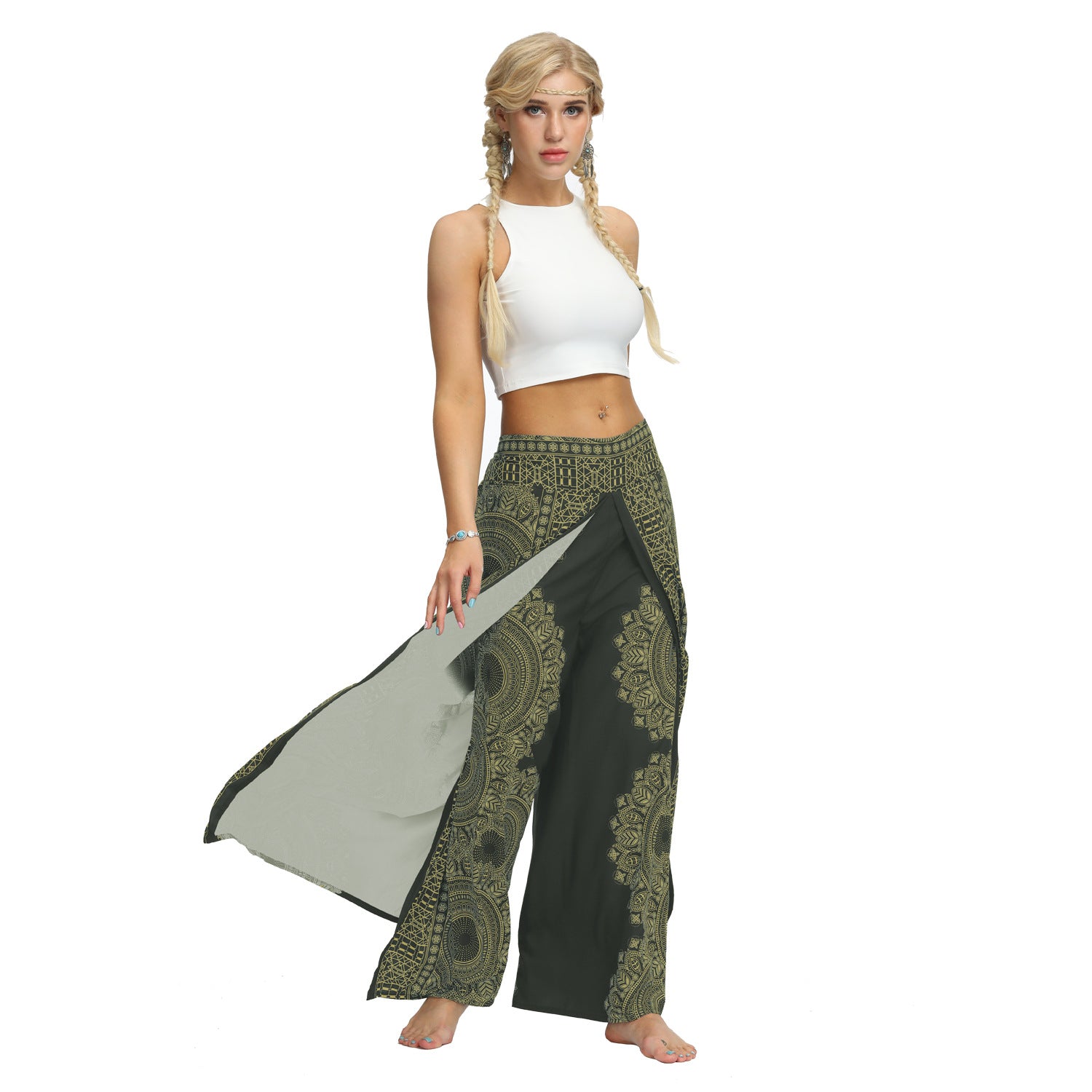 Cozy Printed Split-Joint Loose Casual Wide-Leg Yoga Pants-GREEN-S/M-Free Shipping at meselling99