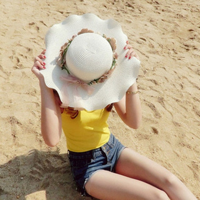2020 Parent-child Sun Hat Big Wide Brim Beach Hat Handmade Floral Straw Cap-White-Adult 56-58cm-Free Shipping at meselling99