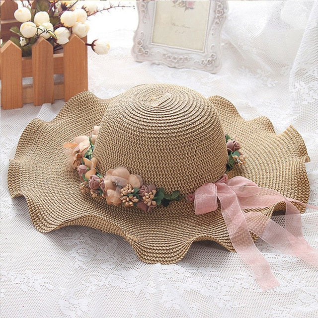 2020 Parent-child Sun Hat Big Wide Brim Beach Hat Handmade Floral Straw Cap-Khaki-Child 48-52cm-Free Shipping at meselling99
