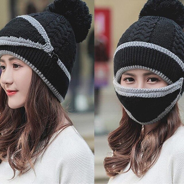 3pcs/Set Women Winter Mask Scarf Hat Set-Black-Free Shipping at meselling99