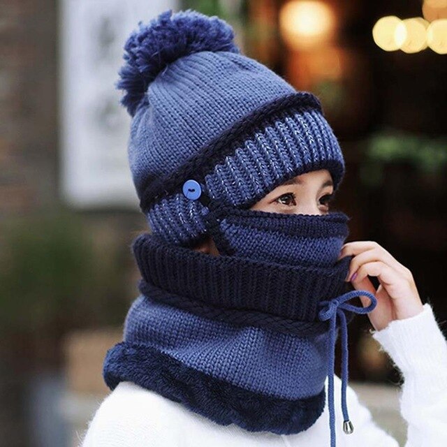 3pcs/Set Women Winter Mask Scarf Hat Set-Blue-Free Shipping at meselling99