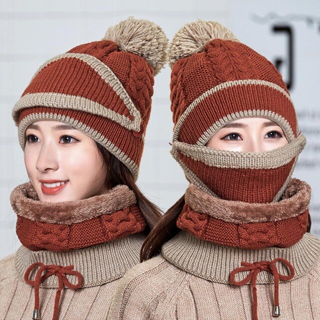 3pcs/Set Women Winter Mask Scarf Hat Set-Khaki-Free Shipping at meselling99