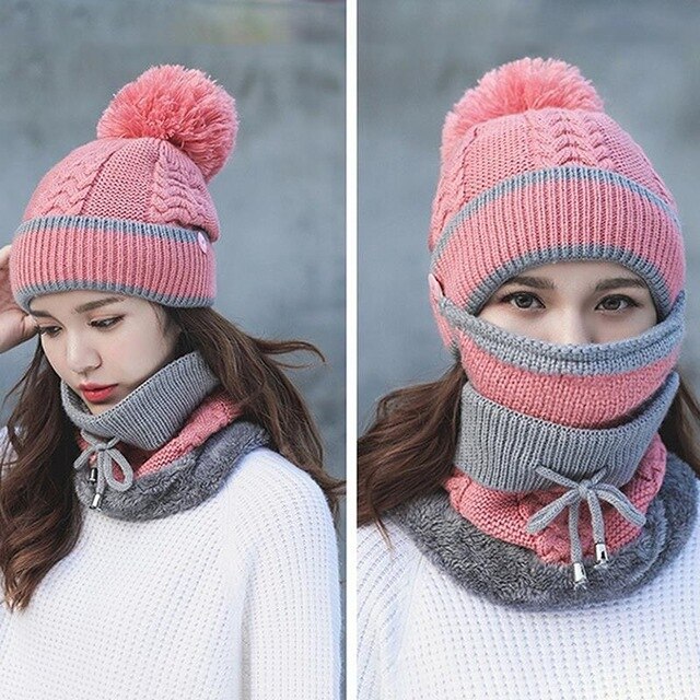 3pcs/Set Women Winter Mask Scarf Hat Set-Pink-Free Shipping at meselling99