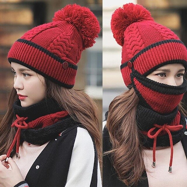 3pcs/Set Women Winter Mask Scarf Hat Set-Red-Free Shipping at meselling99