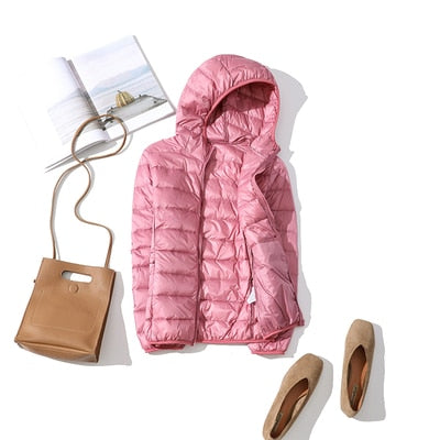 Women Ultra-light Thin Down Jacket 2020 Autumn Winte Warm Duck Down Coat-Pink Hooded-L-Free Shipping at meselling99